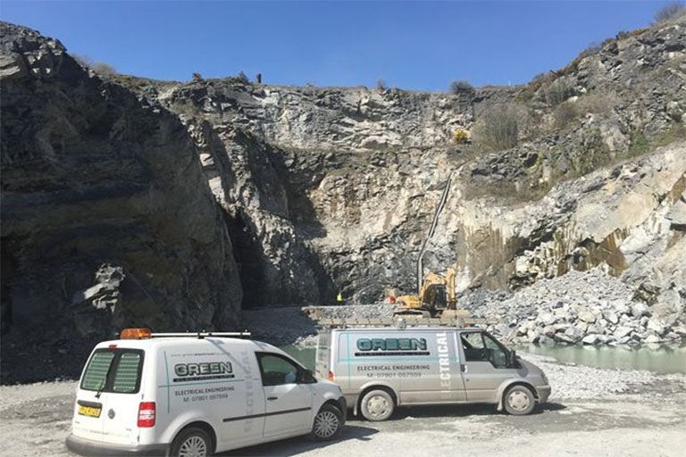 Green Electrical vans on site at Tullyraine Quarries, Banbridge